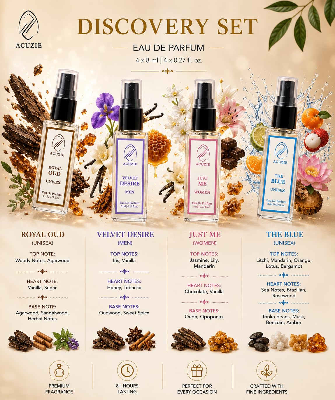 Acuzie Eau De Parfum Discovery Set 4*8ml Royal Oud, The Blue, Velvet Desire, Just Me - Image 2