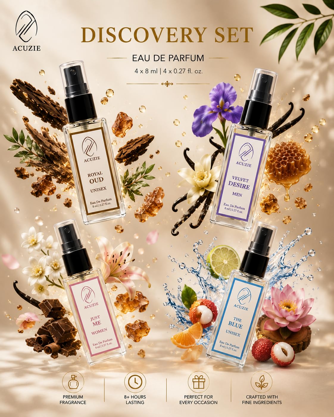 Acuzie Eau De Parfum Discovery Set 4*8ml Royal Oud, The Blue, Velvet Desire, Just Me - Image 3