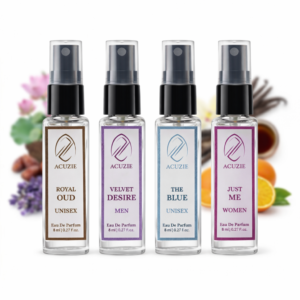 Perfume Discovery Set for Men & Women (4 x 8ml) | Mini Perfume Trial Pack with Royal Oud, The Blue, Velvet Desire & Just Me EDP | Long Lasting Fragrance Gift Set & Travel Kit for Unisex