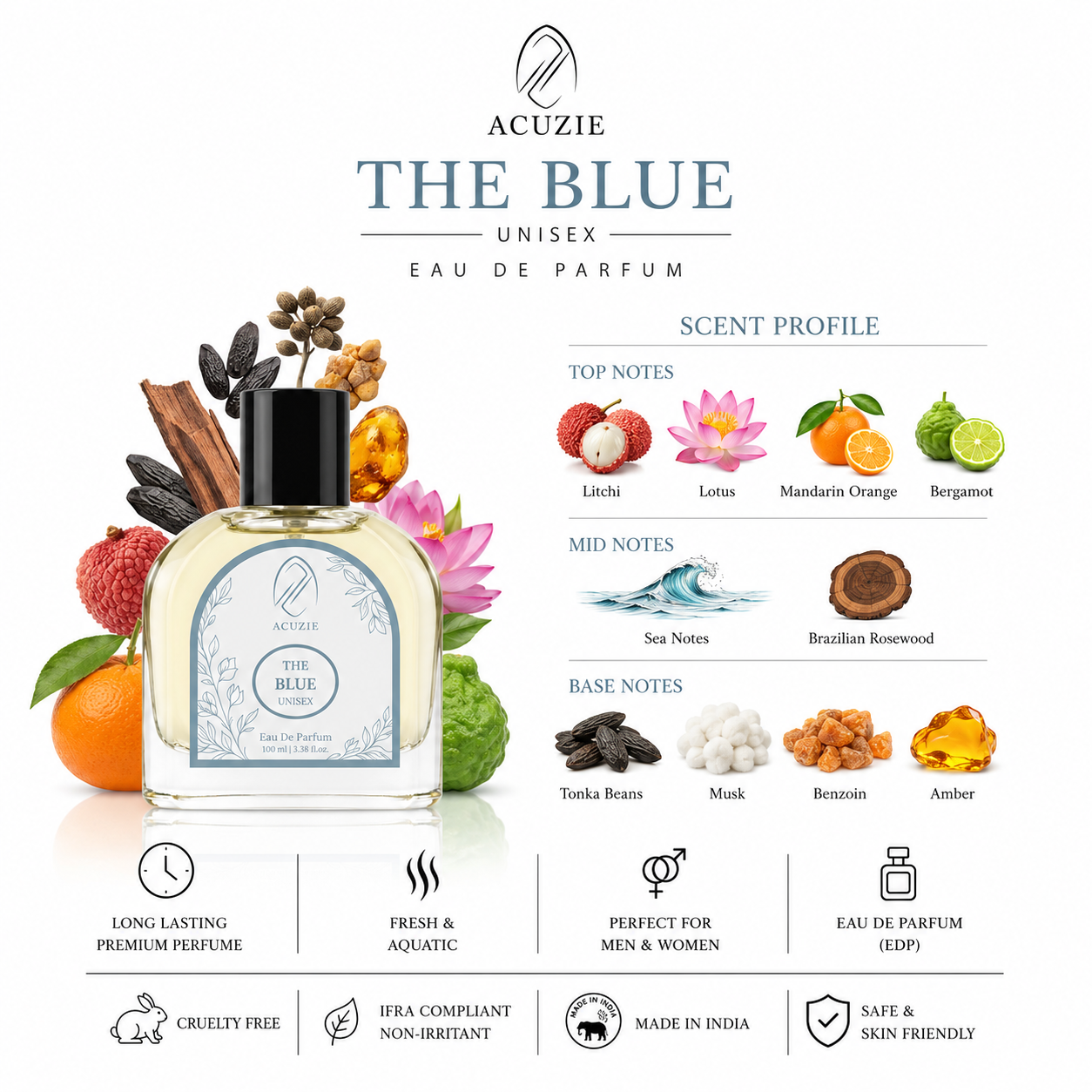 The Blue Perfume for Men & Women | Long Lasting Fresh Aquatic Luxury Eau De Parfum EDP Fragrance | Unisex Daily Wear Body Scent 100ml - Image 2